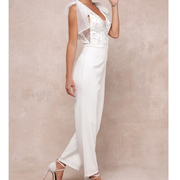 Lulus NWT Dignified Beauty White Mesh Embroidered Tie-Strap Jumpsuit Small - Picture 2 of 12